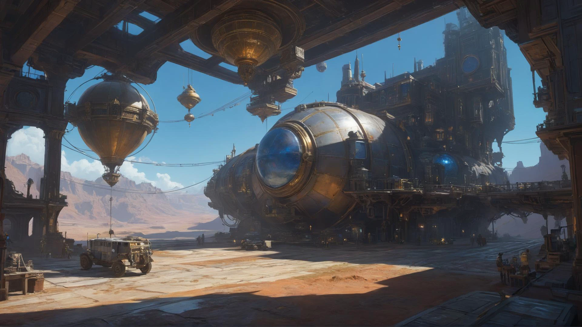 SK_DIGITALART, painting of a steampunk planet outside of time, an exotic distant world, by Ian McQue, 
highly impressive & realistic, Hyper-detailed, Insane Details, Intricate Details, Cinematics, Editorial Art, Tilt Blur, Super-Resolution, Megapixels, Unreal Engine 5, Studio Lighting, Volumetric, Optical, Diffusion Glowing, Shadows, Proportions, Rough, Shimmery, Ray Tracing Reflections, Glossy, Lumen Reflections, Screen Space Reflections, Diffraction Rating, Chromatic Aberration, GB Shift, Ray Tracing, Ray Tracing Ambient Occlusion Anti-Ali asing, Post-Processing, Post-Production, Cel Shading, Tone Mapping, Incredibly Detailed and Intricate, Hypermaximalist, Sleek, Hyper Realistic, Super Detailed, Dynamic Pose, Hyperrealism, HDI, 8k  dramatic lighting, dark colors, wide angle view, panorama view, dominant colors Cortana Blue and Rich Blue, 
