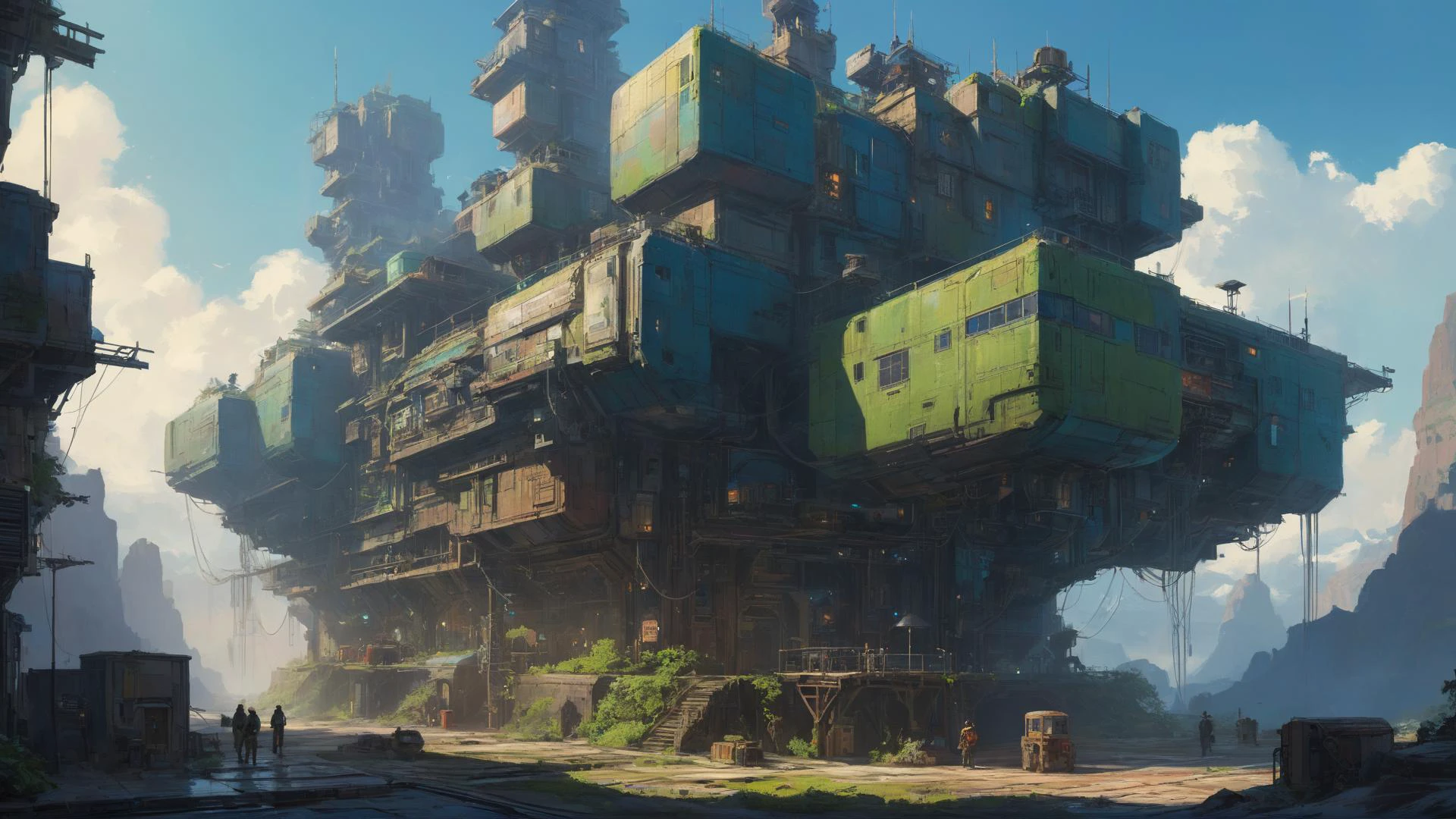 SK_DIGITALART, painting of a cyberpunk megastructure outside of time, an exotic distant world, by Ian McQue, 
highly impressive & realistic, Hyper-detailed, Insane Details, Intricate Details, Cinematics, Editorial Art, Tilt Blur, Super-Resolution, Megapixels, Unreal Engine 5, Studio Lighting, Volumetric, Optical, Diffusion Glowing, Shadows, Proportions, Rough, Shimmery, Ray Tracing Reflections, Glossy, Lumen Reflections, Screen Space Reflections, Diffraction Rating, Chromatic Aberration, GB Shift, Ray Tracing, Ray Tracing Ambient Occlusion Anti-Ali asing, Post-Processing, Post-Production, Cel Shading, Tone Mapping, Incredibly Detailed and Intricate, Hypermaximalist, Sleek, Hyper Realistic, Super Detailed, Dynamic Pose, Hyperrealism, HDI, 8k  dramatic lighting, dark colors, wide angle view, panorama view, dominant colors Rich Blue and Girl Scout Green, 
