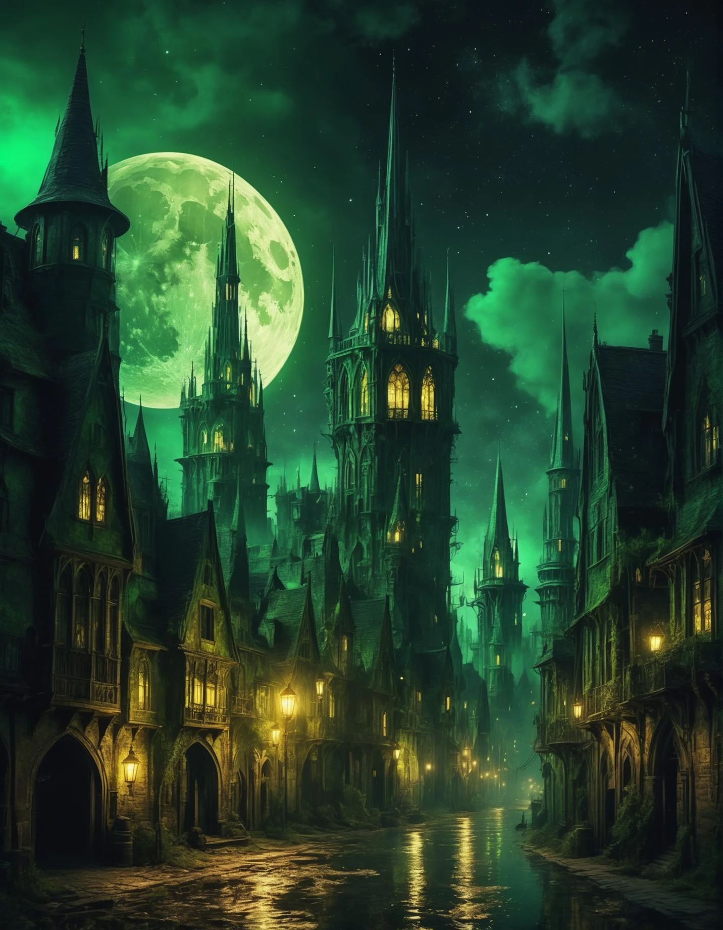 中世のハイファンタジー、塔、沼地、都市、魔法の通り、金色、暗い、超リアリズム、澄んだ夜空、月なし、4Kデジタルアート、高精細, 傑作  [ゴシック] [鮮明な] [緑の煙のような光] 神秘的な
