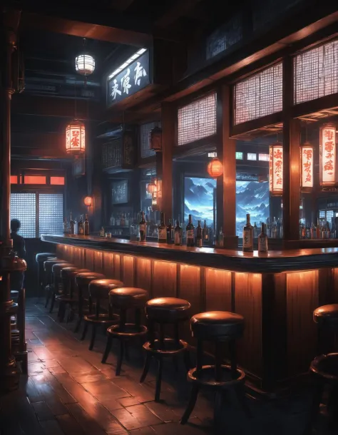 japanese bar by greg rutkowski, fantasy art, anime style, visual novel, detailed intricate environment, masterpiece, hyperrealis...