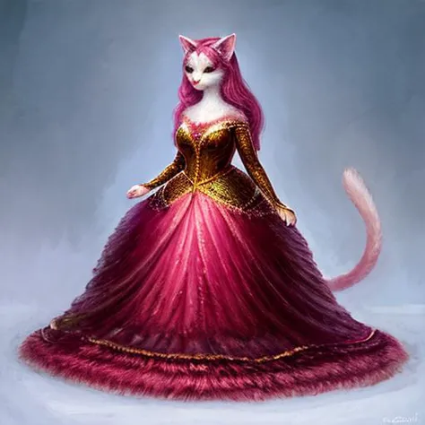 a painting of a cat in a dress with a tail