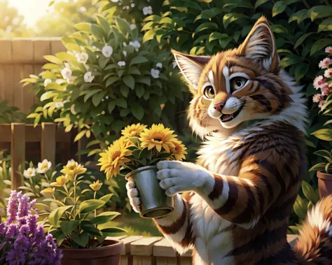 there is a cat that is holding a cup of flowers