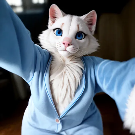 there is a white cat wearing a blue suit and a blue shirt