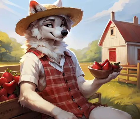 arafed wolf with straw hat holding a bowl of strawberries