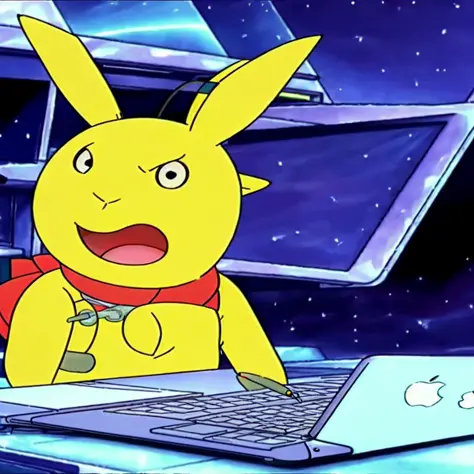 Pikachu working with a MacBook, Very detailed, clean, high quality, sharp image