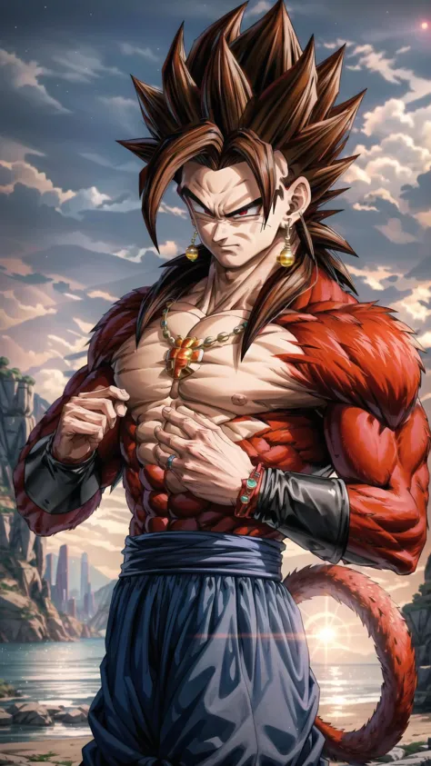 vegetto, 1 chico, pelo de punta, joyas, pendientes, sonrisa afectada, pulsera, BREAK, (SSJ4, abdominales, pelaje del cuerpo:1.15), joyas, pelo largo, monkey cola, muscular, pelaje rojo, pelo de punta, Super Saiyan, cola, obra maestra, mejor calidad, extremely decolaed, alta calidad, 4k, enfoque nítido, Profesional, enfoque nítido, premiado, iluminación cinematográfica, renderizado de octanaje, Motor irreal, volumétrica dtx, fondo de pantalla,