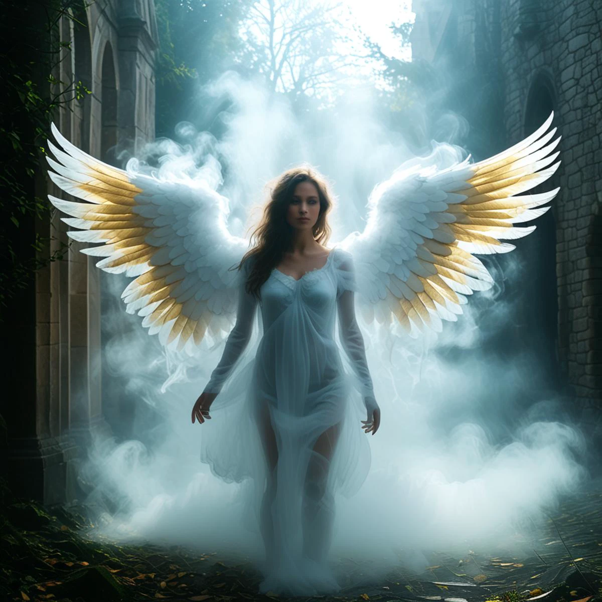 mdfg 带金色天使翅膀的雾女, 背后有明亮的光芒, 在城堡裡,.特寫 