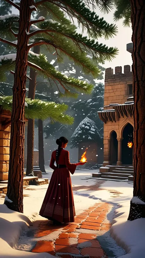 incredible creative screenshot, rustling through the tall pines and shaking loose flurries of snow from their branches. the sound is like whispers carried on the wind, once held upright by the graceful hands of the waitstaff, has a fiery aura around her feet, as if responding to their presence. the citadel's decrepit walls loom in the distance, arabic architecture, <lora:sdxl_lightning_8step_lora.safetensors:0.6>