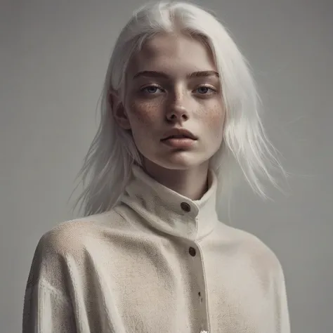 A beautiful woman with white hair and light freckles, her neck area bare and visible, capturing attention with her attitude, has modeled for an editorial magazine, captured in full body, fashion photography, within the scope of high future fashion, photographed by Alessio Albi.