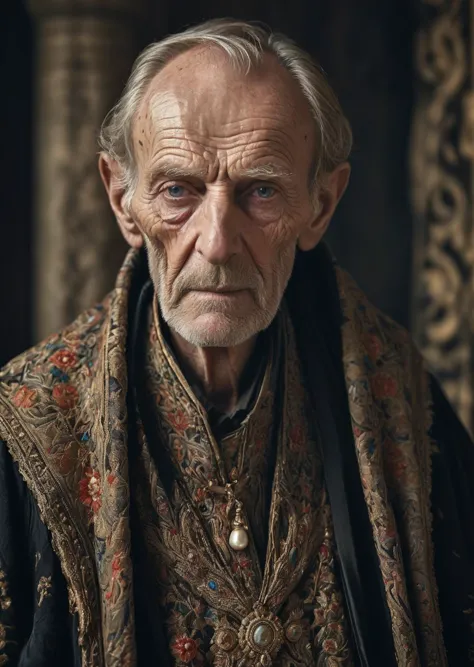 an older man in a black robe and gold and red scarf