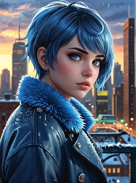 a close up of a person with blue hair and a jacket