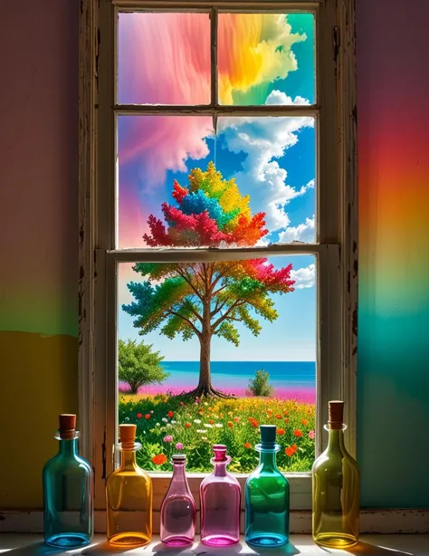 a window with a tree, a colorized photo by gabriel dawe, shutterstock contest winner, psychedelic art, colorful bottles and plan...