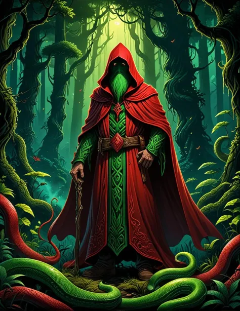 a cartoon style illustration of a red cloaked wizard standing in a dark forest, ( ( ( ( ( dan mumford ) ) ) ) ), in the style da...