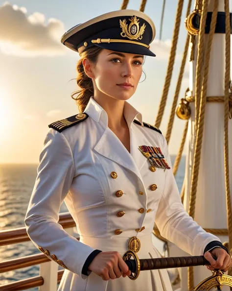 a woman in a naval uniform stands confidently on a ship's deck, holding a sword while wearing a tricorn hat, white shirt, and coat decorated with gold epaulettes. a bright, sunlit environment surrounds her among fellow sailors and the ship's rigging., <lora:sdxl_lightning_8step_lora.safetensors:0.6>