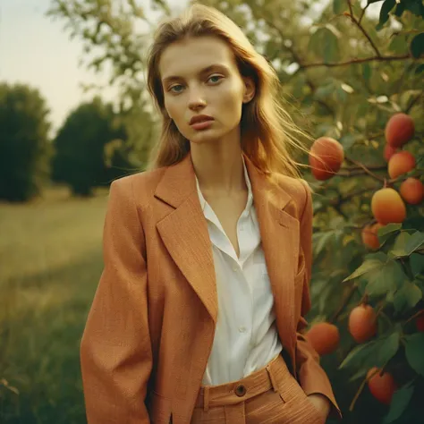 A Ukrainian model, 23 years old young woman, tall, fresh, wearing clothes from fashion brand Mango, photo taken outdoors, published in fashion magazine L'Officiel, no contrast, cinematic lighting, colorful, perfect lighting, leica summicron 35mm f2.0, Kodak Portra 400, film grain