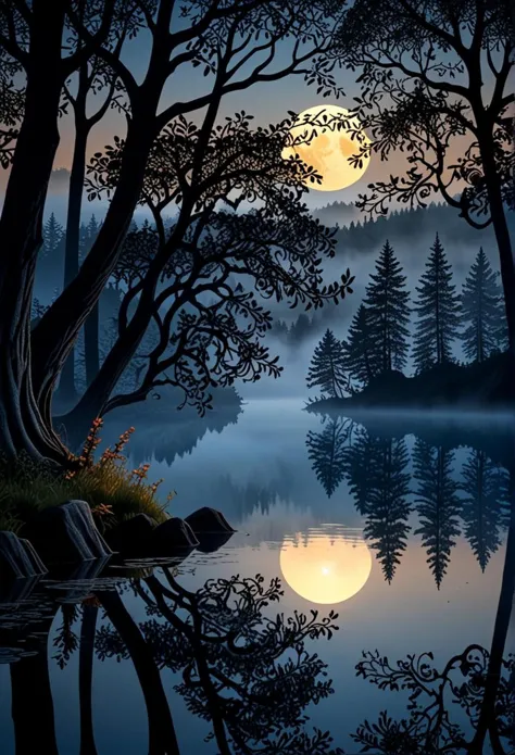 a painting of a full moon is seen through the trees