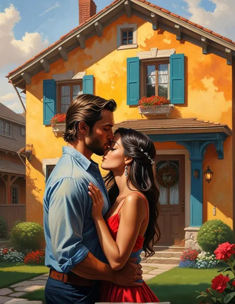 a painting of a couple kissing in front of a house, romantic painting, by mark arian, albert bierstadt and artgerm, wlop and artgerm, sensual painting, an american romanticism painting, greg rutkowski and artgerm, hyperrealistic digital painting, hyper real painting, drawn in the style of mark arian, <lora:sdxl_lightning_8step_lora.safetensors:0.6>