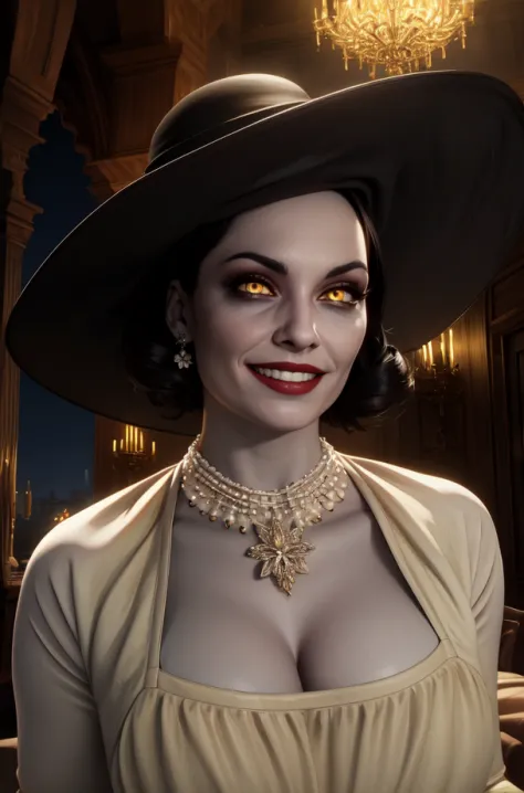 Alcina,yellow eyes,black hair,short hair,
white dress with flower,hat,single earring,cleavage,necklace,black gloves,
upper body,brooch,
looking at viewer,smile,
castle,indoors,night,
(insanely detailed, beautiful detailed face, beautiful detailed eyes, mas...