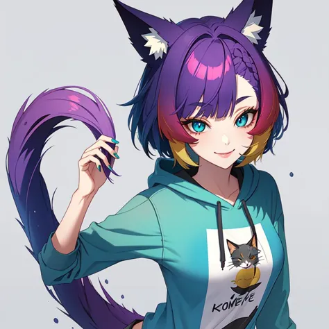 (chef-d&#39;œuvre:1.2, Meilleure qualité:1.2), 4k, bel art,
1fille, style artistique animé, seulement,  (short cheveux:1.1),  {jaune|vert|violet|rouge|bleu} yeux, small chat ears, short cheveux, {chat|renard} queue, regarder le spectateur, Petits seins, chat girl, peluches d&#39;oreilles de petits animaux, pupilles fendues, Frange séparée, (two tone cheveux:1.4), fond bicolore, Sourire mignon,  {violet|light bleu|vert|rouge|blond|dark bleu|sea vert|rose} cheveux, curieux, confiant, (heureux:1.1), Vêtements tendance, Séduisant, (bleu painted nails:1.2), tout habillé, porter un sweat à capuche, porter un pantalon, pose dynamique, mains anatomiquement correctes, corriger les articulations
 