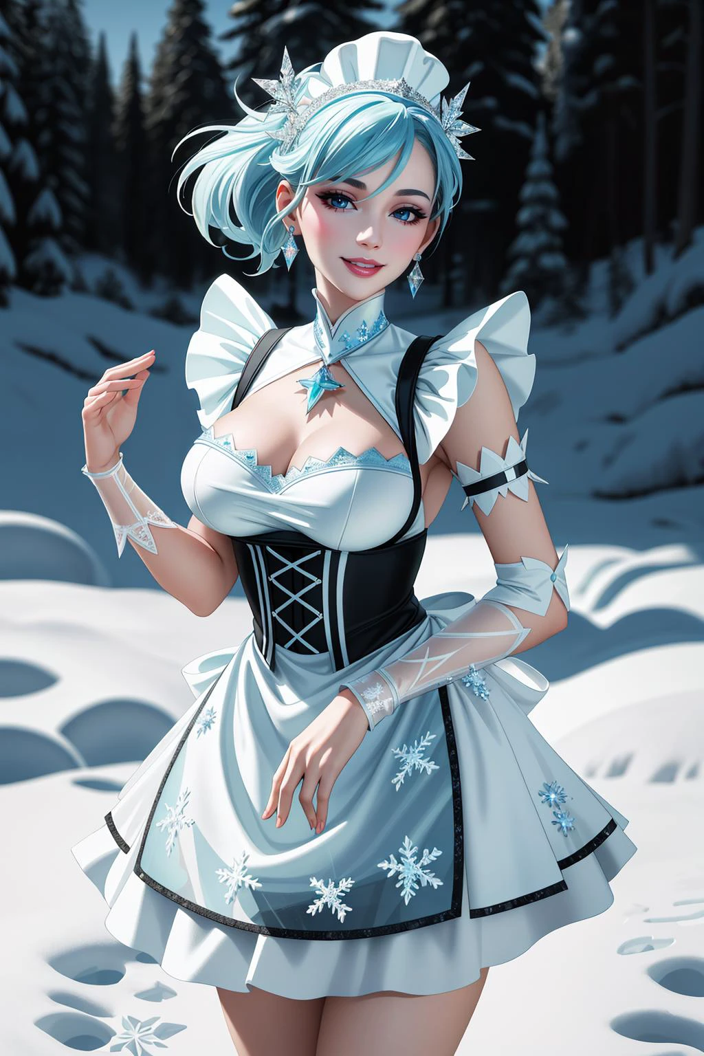 ((Meisterwerk, beste Qualität,edgQualität)),lächelnd,Stehen,für ein Foto posieren,
edgSchürze, edgEis, Frau in einer Schürze,Eis,Schneeflocken ,wearing edgEis edgSchürze
 