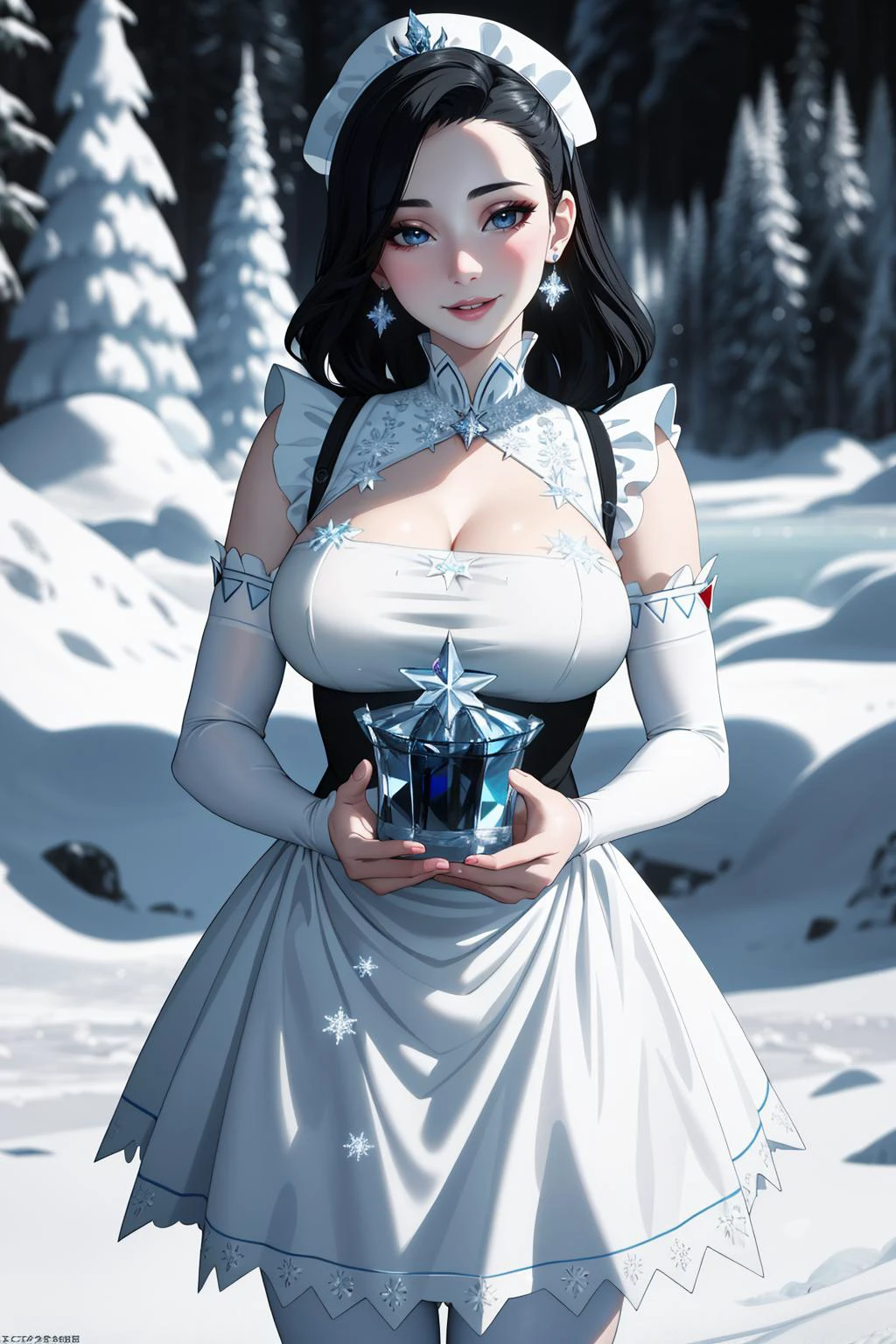 ((Masterpiece, best quality,edgQuality)),smiling,standing,posing for a picture,
edgApron, edgice, woman in a apron,ice,snow flakes ,wearing edgice edgApron
 