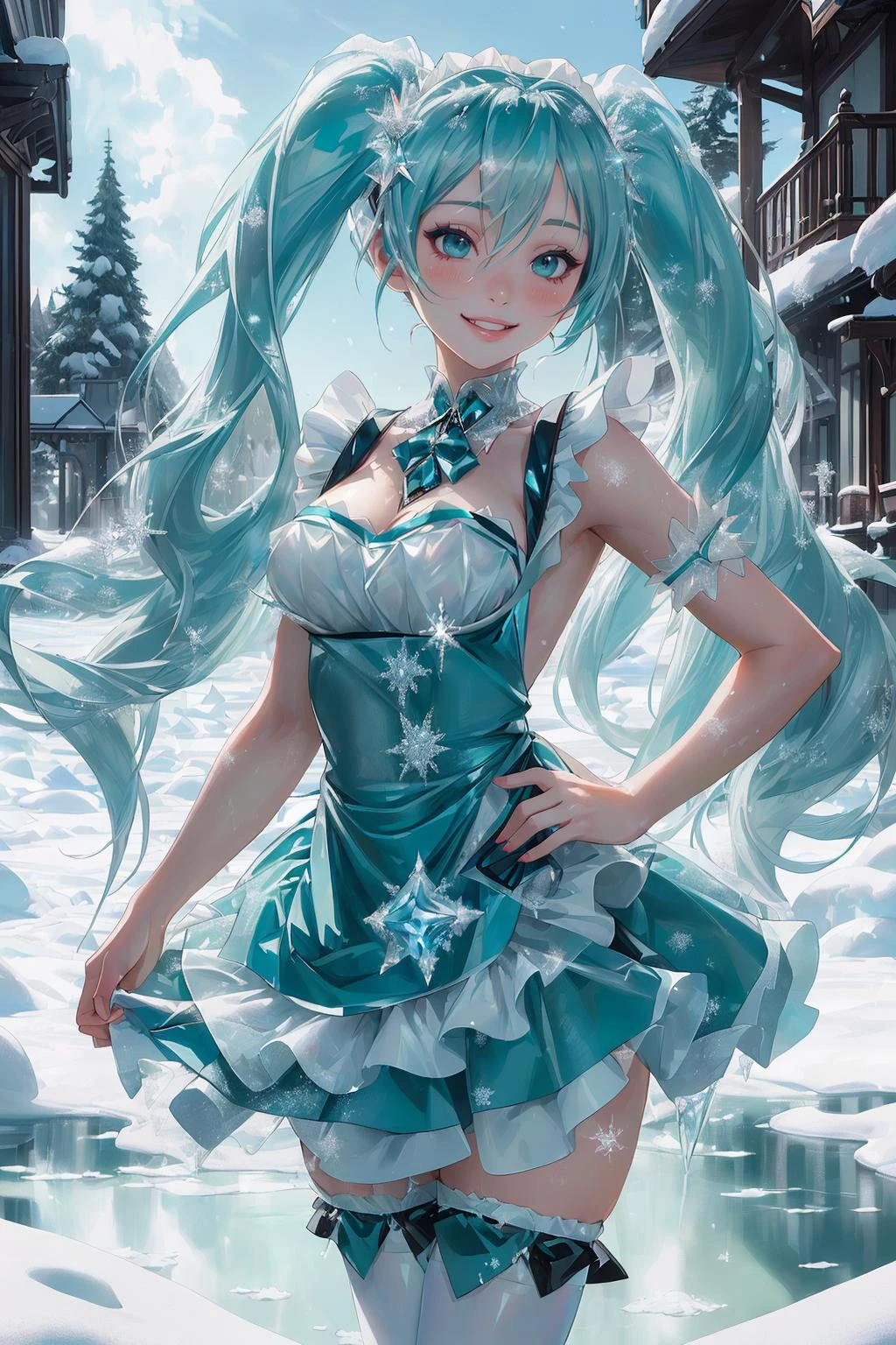 ((MAsterpiece, best quAlity,edgQuAlity,photoreAlistic, hyper reAlistic)),lächelnd,stAnding,posing for A picture,
edgSchürze, edgEis, A (HAtsune Miku, AquA hAir, twin tAils) in A Apron,Eis,snow flAkes ,weAring edgEis edgSchürze
 