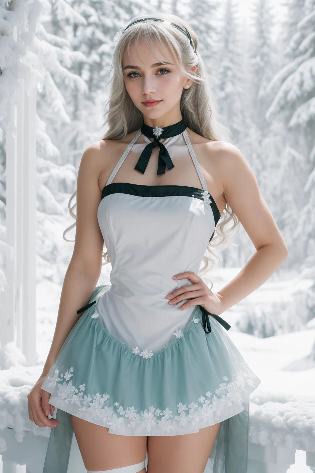 ((Masterpiece, best quality,edgQuality,photorealistic, hyper realistic)),smiling,standing,posing for a picture,
edgApron, edgice,  in a apron,ice,snow flakes ,wearing edgice edgApron
 elie macdowell, grey hair,green eyes, hairband, hair ribbon,
