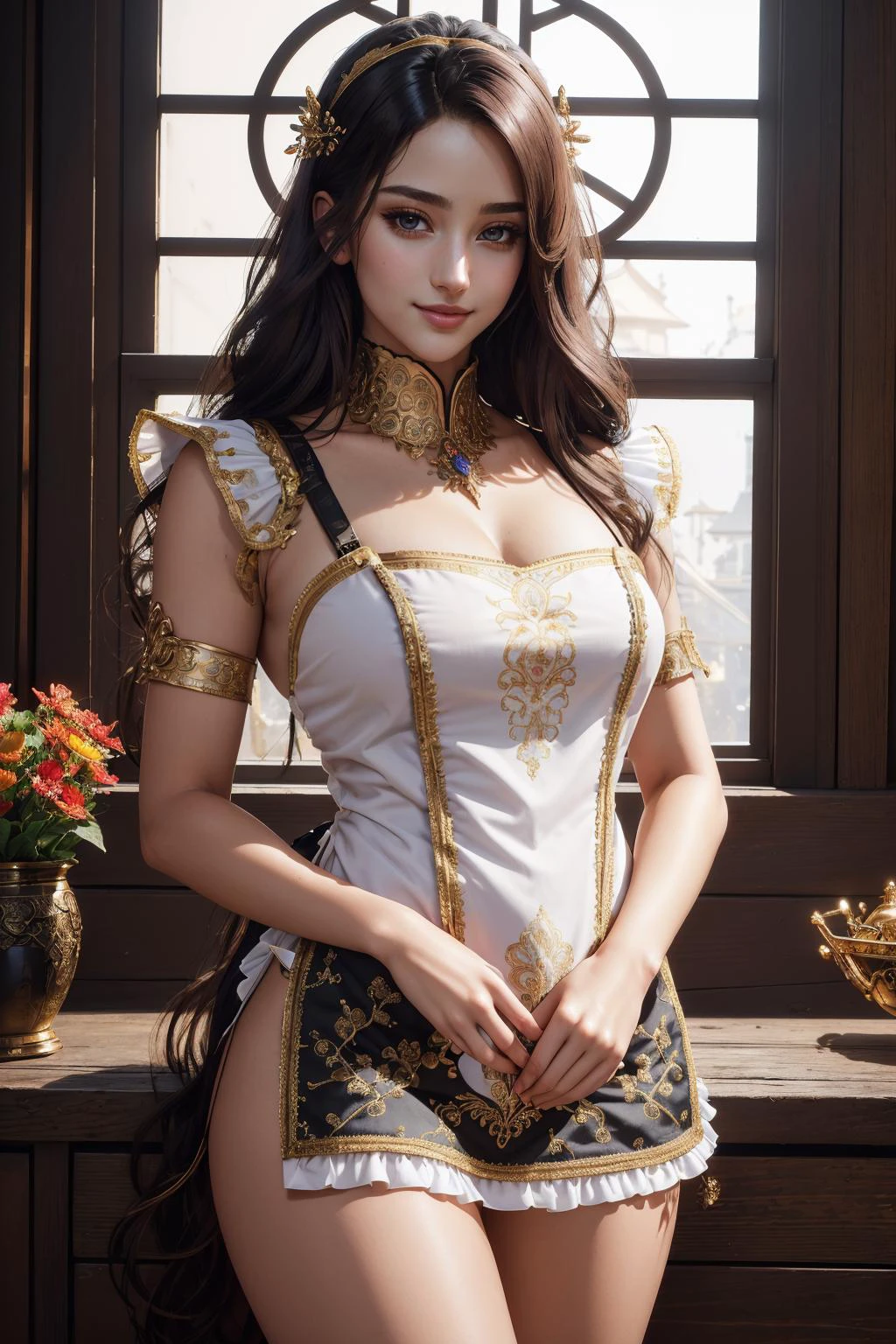 ((masterpiece,best quality,edgQuality)),(smile),standing,posing,
1girl,solo,edgLnF, golden embroidery, pauldrons,wearing edgLnF,edgApron, a woman in a maid apron holding a hair brush ,wearing edgApron
 