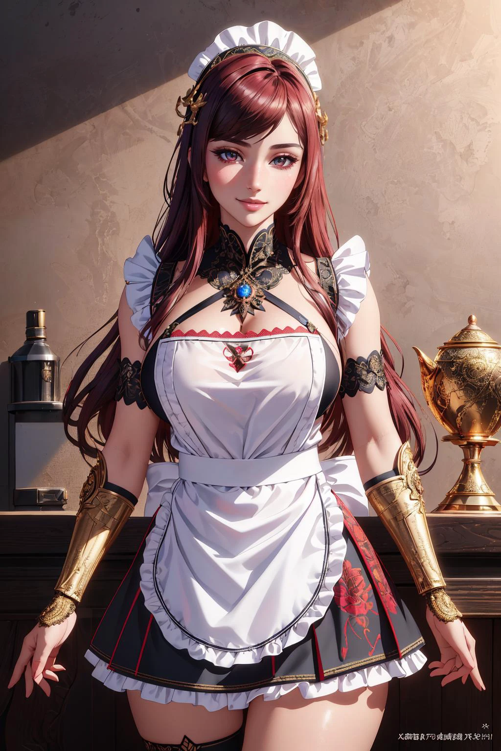 ((masterpiece,best quality,edgQuality)),(smile),standing,posing,
1girl,solo,edgLnF, golden embroidery, pauldrons,wearing edgLnF,edgApron, a woman in a maid apron,wearing edgApron
 