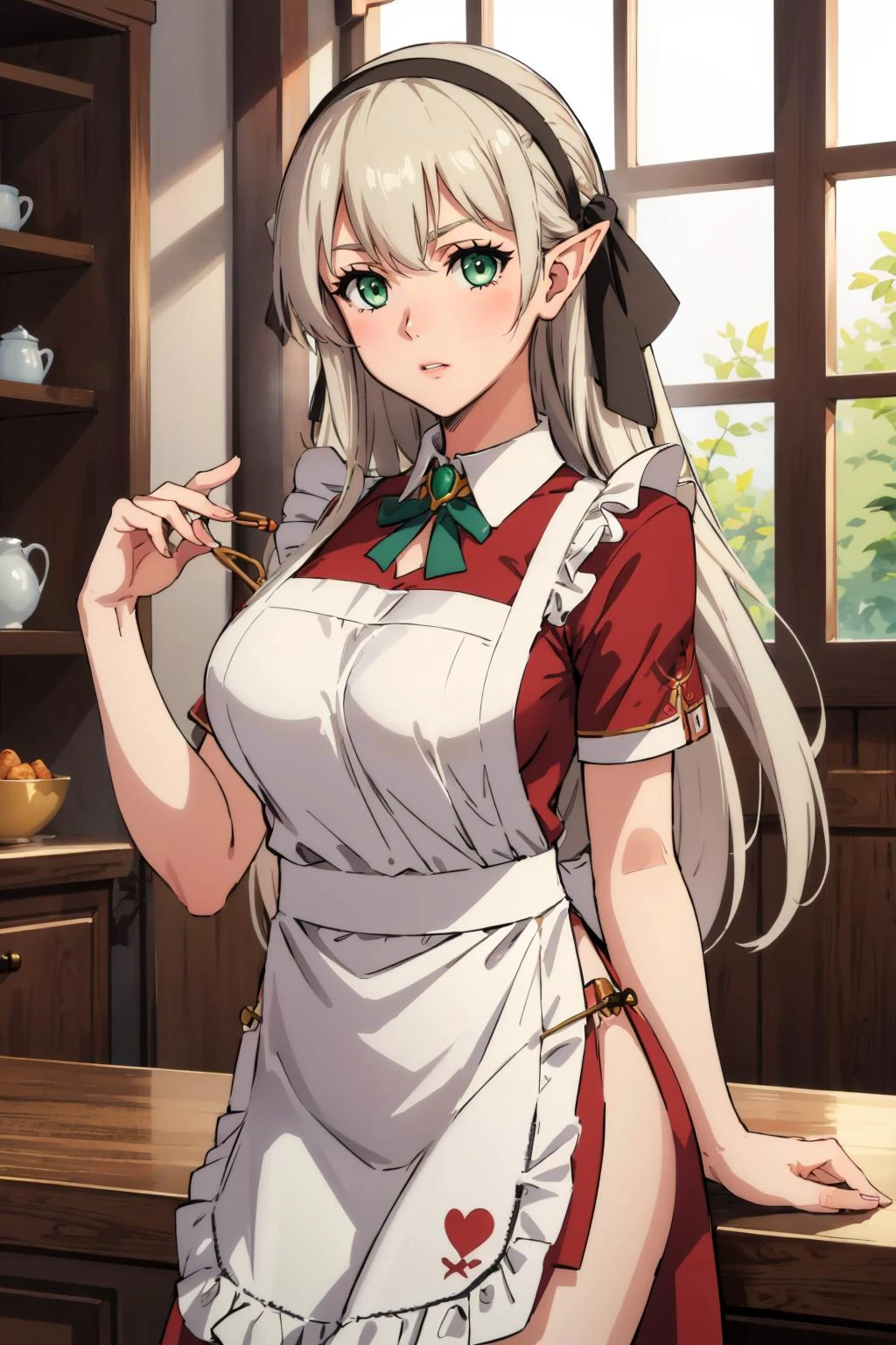 masterpiece, best quality,  elie macdowell, green eyes, hairband, hair ribbon   edgBE, red and gold apron, wearing (edgBE edgApron), elf, cowboy shot
