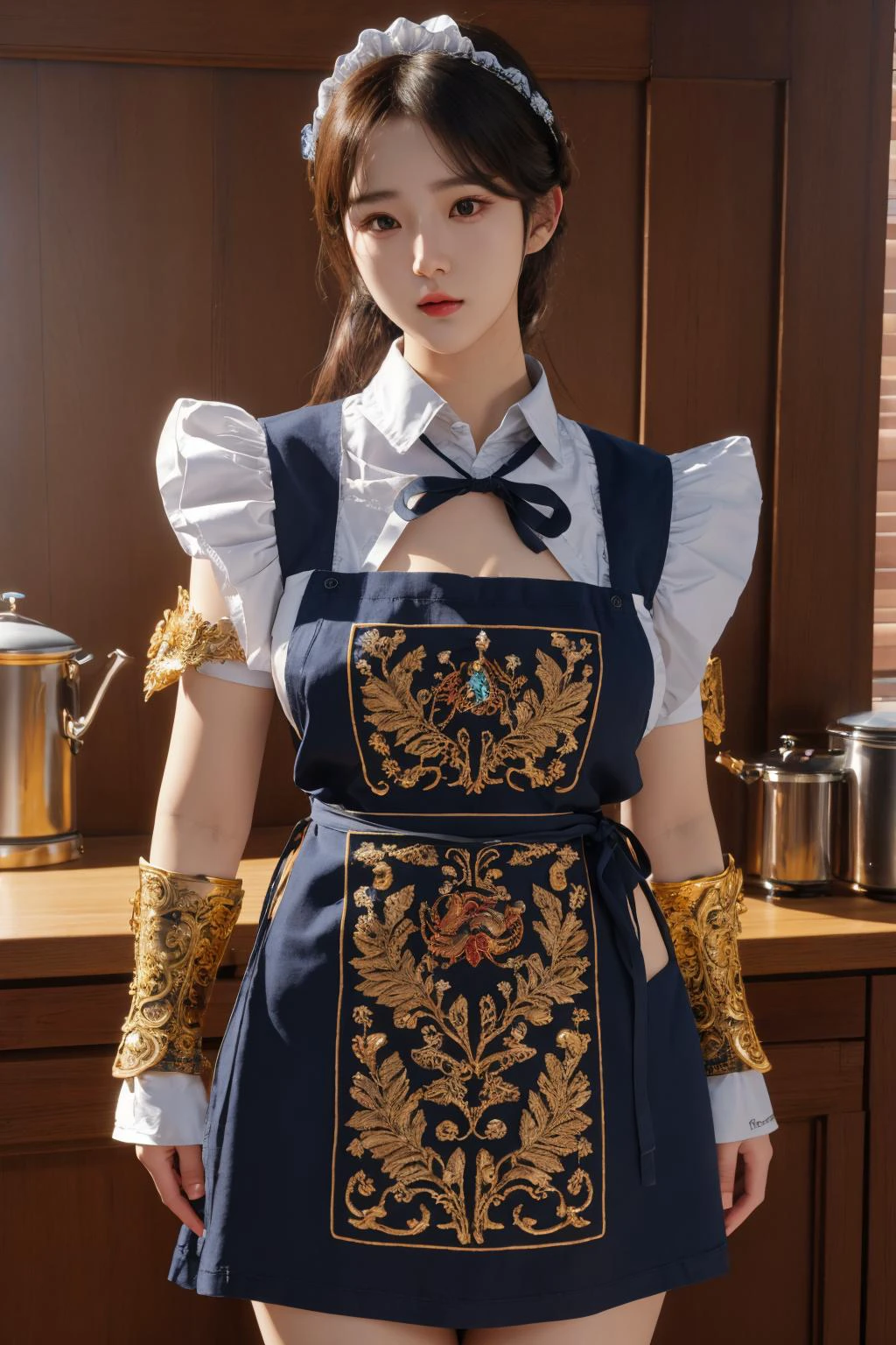 edgLnF, best quality, masterpiece, illustration, realistic, photo-realistic, amazing, finely detail, incredibly absurdres, huge filesize, ultra-detailed, highres, extremely detailed CG unity 8k wallpaper, nsfw, golden embroidery, pauldrons,wearing edgLnF,edgApron, a woman in a maid apron, wearing edgApron, pauldrons, gauntlets, bracer, elbow pads, A beautiful young woman with Korean-style facial features resembling a popular actress.