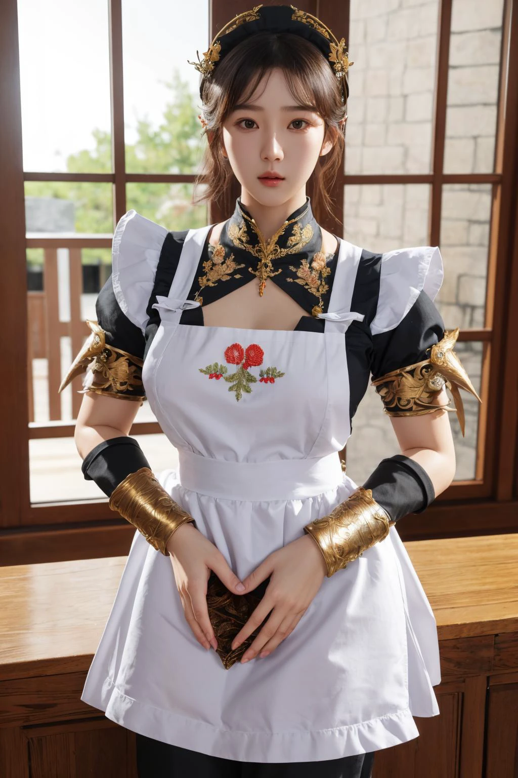 edgLnF, best quality, masterpiece, illustration, realistic, photo-realistic, amazing, finely detail, incredibly absurdres, huge filesize, ultra-detailed, highres, extremely detailed CG unity 8k wallpaper, nsfw, golden embroidery, pauldrons,wearing edgLnF,edgApron, a woman in a maid apron, wearing edgApron, pauldrons, gauntlets, bracer, elbow pads, A beautiful young woman with Korean-style facial features resembling a popular actress.