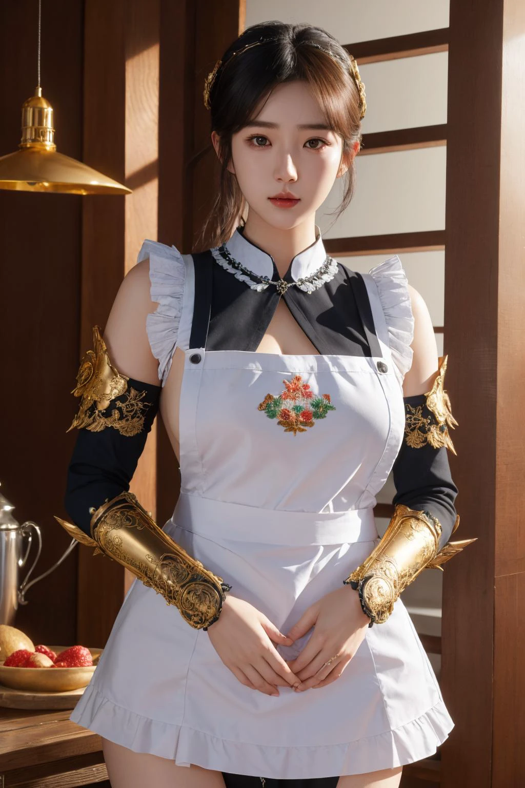 edgLnF, best quality, masterpiece, illustration, realistic, photo-realistic, amazing, finely detail, incredibly absurdres, huge filesize, ultra-detailed, highres, extremely detailed CG unity 8k wallpaper, nsfw, golden embroidery, pauldrons,wearing edgLnF,edgApron, a woman in a maid apron, wearing edgApron, pauldrons, gauntlets, bracer, elbow pads, A beautiful young woman with Korean-style facial features resembling a popular actress.