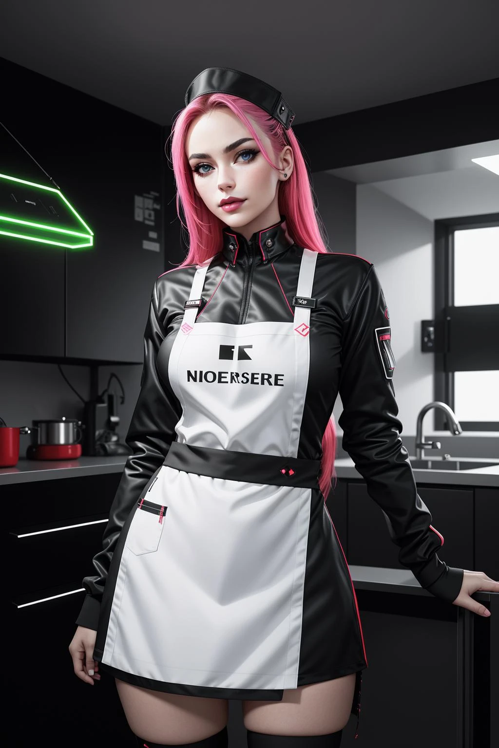 ((Masterpiece, best quality,edgQuality)),smirk,smug,((neons, electric circuits,edgFut_clothing))
edgApron,edgFut_clothing, a woman in a futuristic suit and apron standing in a room ,wearing edgFut_clothing,wearing edgApron
 