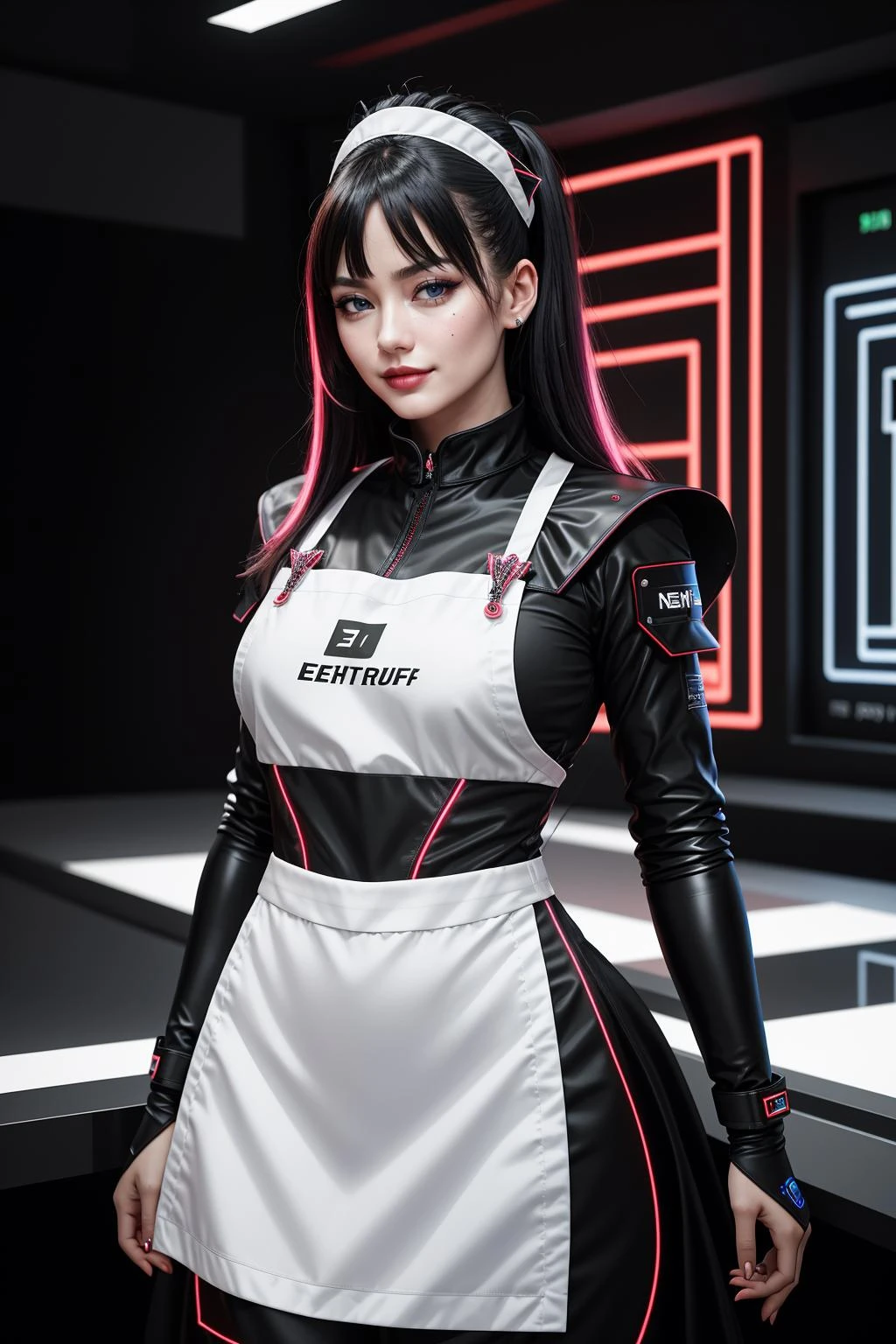 ((Masterpiece, best quality,edgQuality)),smirk,smug,((neons ,electric circuits))
edgFut_clothing,edgApron, apron,a woman in a futuristic outfit standing in a room ,wearing  [edgFut_clothing|edgApron],
 