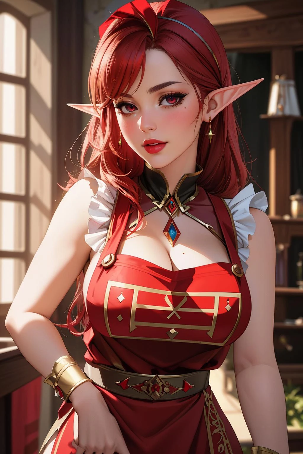 ((Masterpiece, best quality,edgQuality))
edgBE, a woman in a red and gold apron,wearing (edgBE edgApron),elf 
 