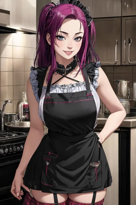 ((Masterpiece, best quality,edgQuality))smiling,excited,solo,1girl, 
kitchen background,
edgApron,edgGrunge, a woman with a very...