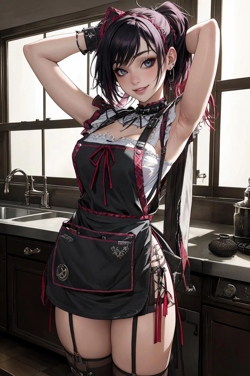 ((Masterpiece, best quality,edgQuality))smiling,excited,solo,1girl, 
kitchen background,arms behind head
edgApron,edgGrunge,accessories, a woman with a very sexy outfit,wearing edgGrunge_(apron)
 