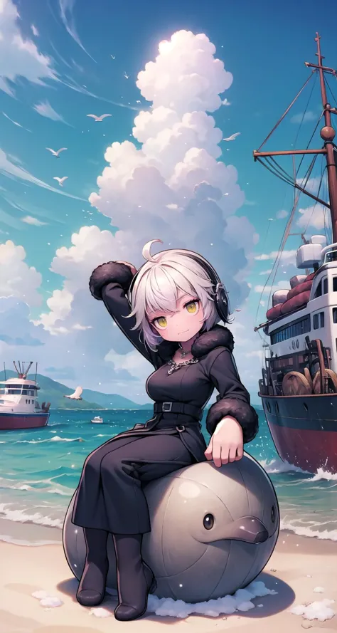 (masterpiece),(intricate details),1girl,mature female,pale skin,huge breasts:1.49,giddy _face, 
BREAK 
jalter, <lora:jaltertest:1>, jalter, white hair, short hair, (yellow eyes:1.5), headpiece, ahoge, BREAK black coat, black dress, coat, collarbone, dress, fur trim, fur-trimmed coat, jewelry, long sleeves, necklace, official alternate costume, open clothes, open coat|,
((sit on the A bustling harbor teems with activity, as fishing boats unload their bountiful catch, seagulls swoop and call, and the salty scent of the sea permeates the air.)),((full body)),from above:1.4,depth of field,looking at viewer
BREAK
day,snow,windy,blue sky,ice,((cumulonimbus)),
 <lora:maplestory_2_ver1:1>,<lora:EyeControl_Jitome_v2:1.4>