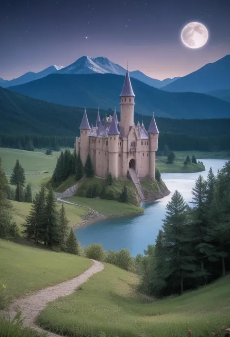 arafed castle in the middle of a lake with a mountain in the background