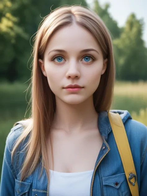 a woman with blue eyes and a backpack standing in a field