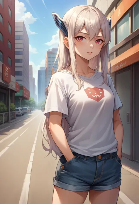 anime girl with long white hair and blue shorts standing in the middle of a city street