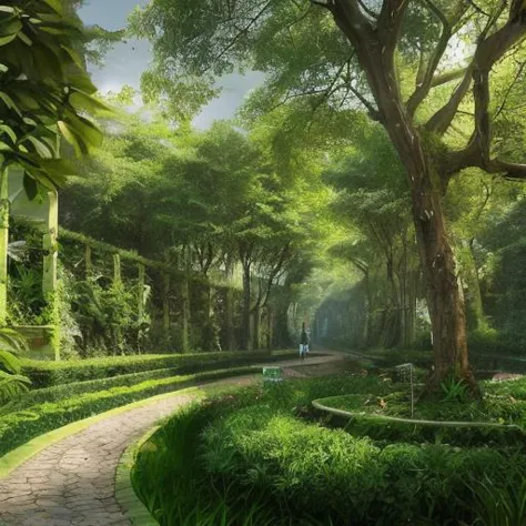 a view of a pathway through a lush green park with trees