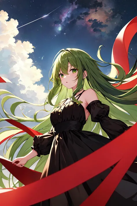 a woman in a black dress with long green hair and a red ribbon