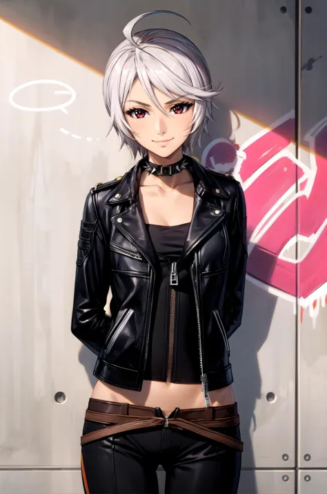 a woman in a leather jacket and black pants standing in front of a wall