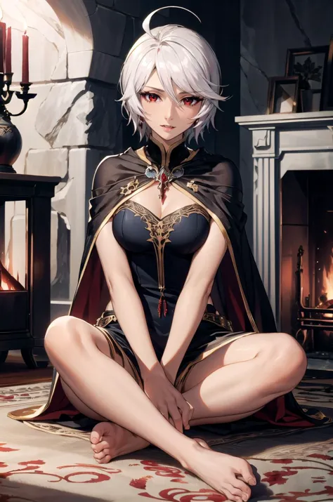 a woman in a black dress sitting on a rug next to a fireplace