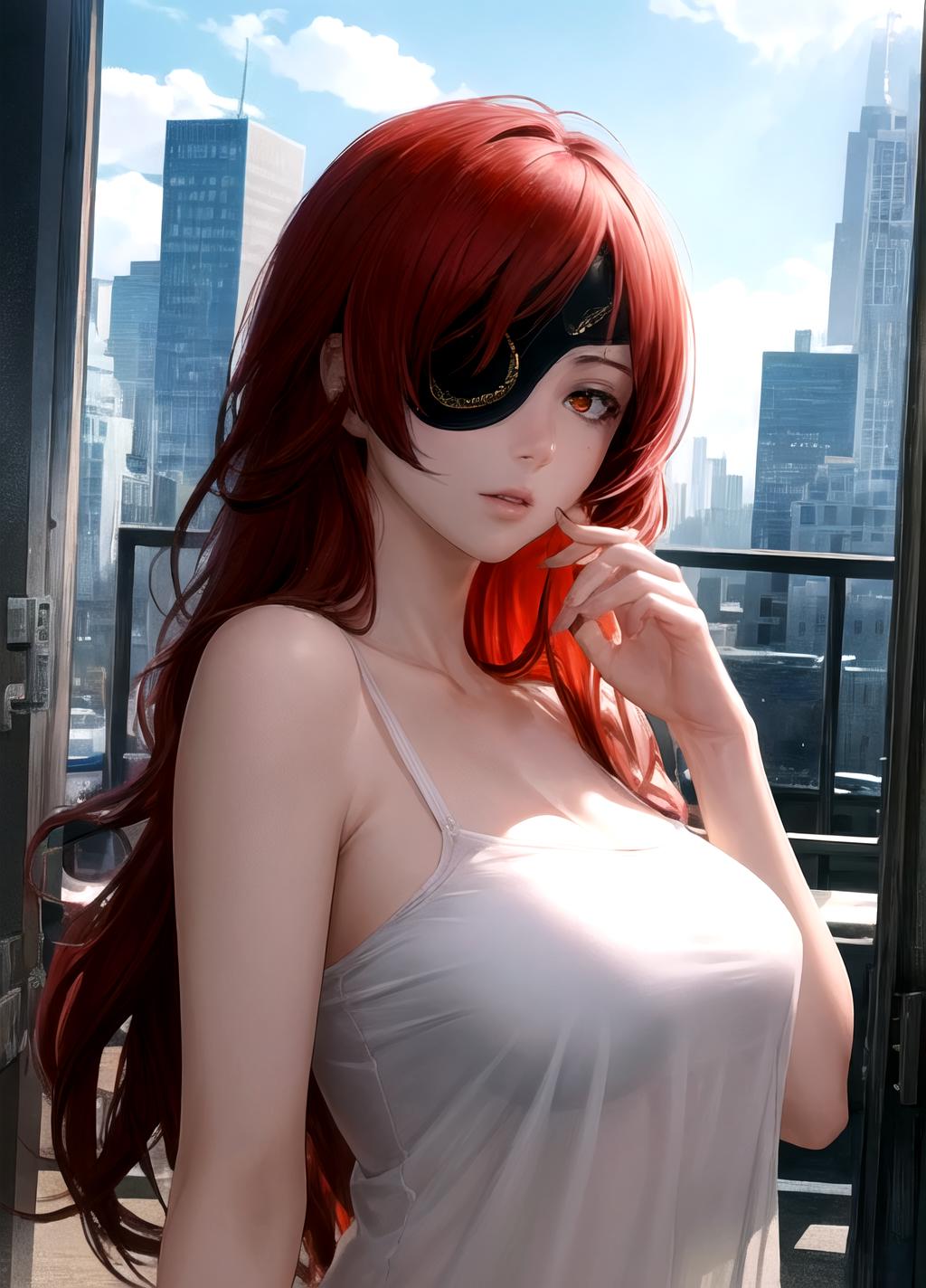 A close up of a woman with red hair and a mask - SeaArt AI