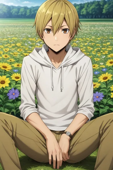 a man sitting in a field of flowers with a white hoodie