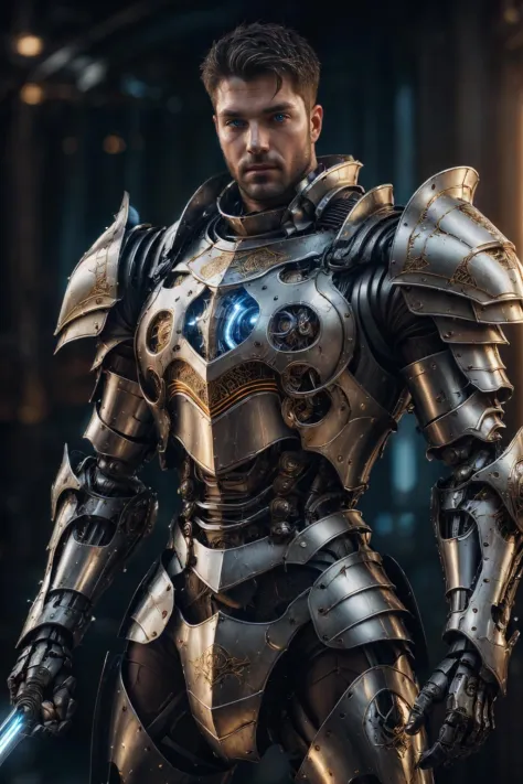 realistic, ((masterpiece)), ((best quality)), (detailed), cinematic, dynamic lighting, soft shadow, detailed background, professional photography, depth of field, intricate, detailed face, subsurface scattering, realistic hair, realistic eyes, muscular, manly, photo of a handsome man, mech4rmor, wearing mechanical knight armor, glowing, holding sword, beard,