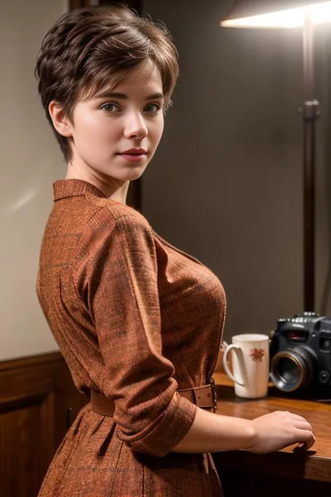 a close up of a woman in a dress standing near a camera